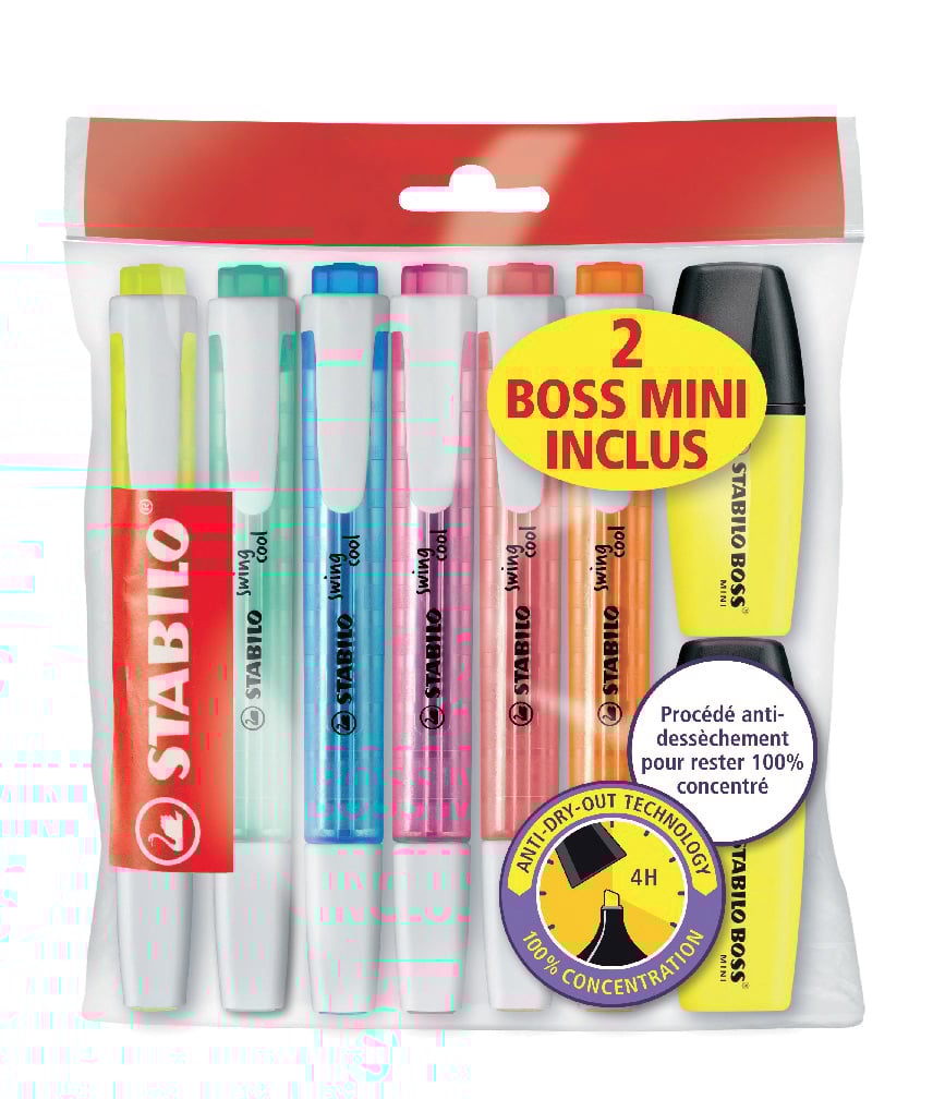 Lot de 8 surligneurs pointe fine - STABILO - Couleurs assorties - Swing cool + BOSS MINI
