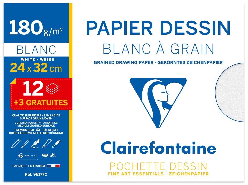 Pochette 15 feuilles de papier dessin Clairefontaine Blanc à grain