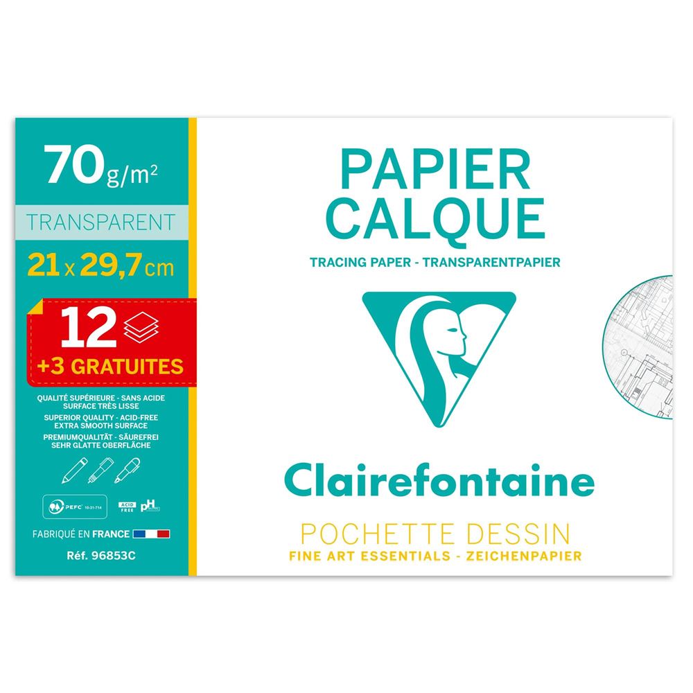 Pochette de 15 feuilles de papier calque A4 Clairefontaine 21 x 29,7 cm Transparent
