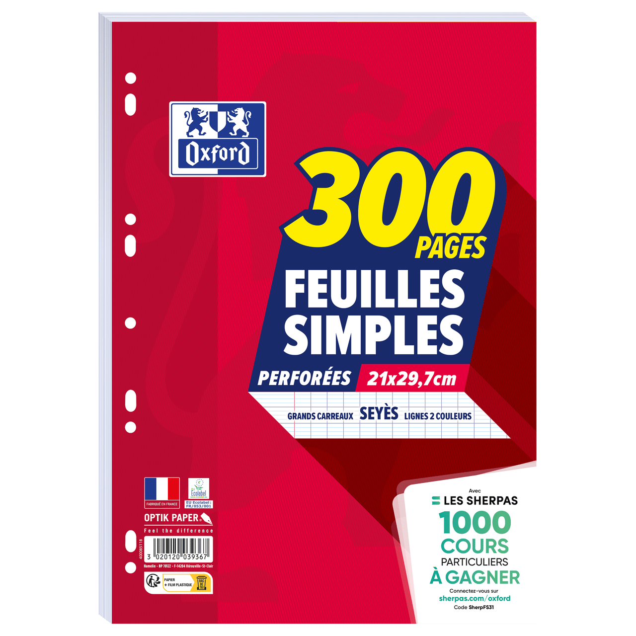 Lot de 300 feuilles simples - Oxford - Grand carreaux - Séyès