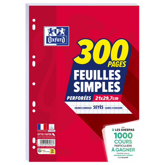 Lot de 300 feuilles simples - Oxford - Grand carreaux - Séyès