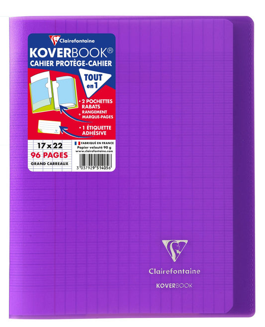 Cahier piqué Clairefontaine - Violet - 17x22 cm - Koverbook - 96 pages grands carreaux