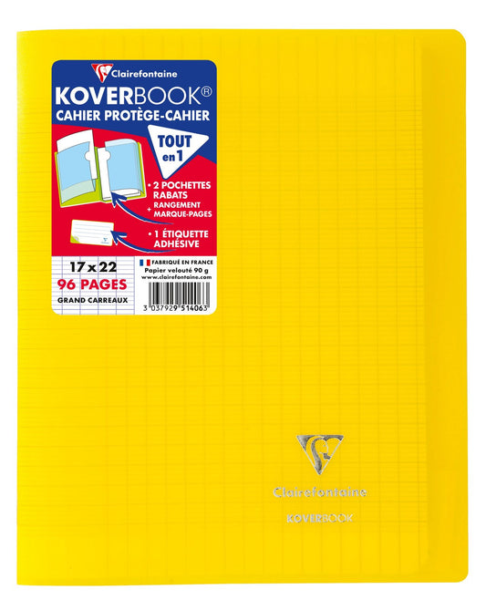 Cahier piqué - 17x22 cm - Koverbook - Clairefontaine - 96 pages grands carreaux - Jaune
