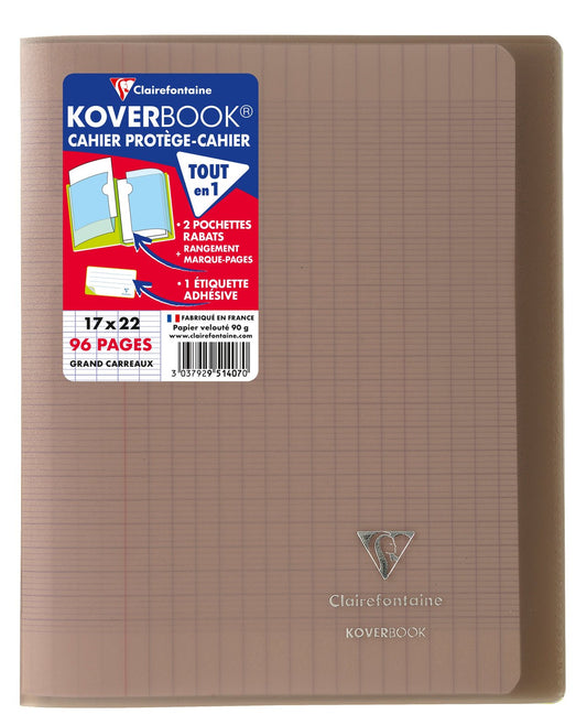 Cahier piqué Clairefontaine - Gris - 17 x 22 cm - Koverbook - 96 pages grands carreaux