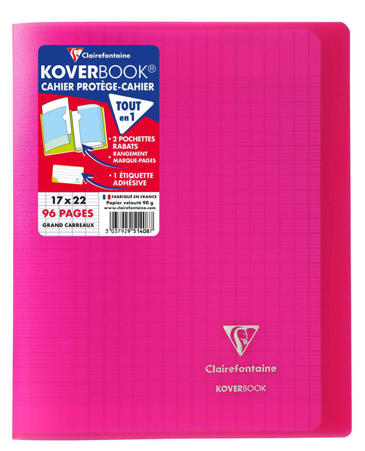 Cahier piqué Clairefontaine - Rose - 17 x 22 cm - Koverbook - 96 pages grands carreaux