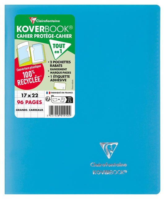 Cahier piqué Clairefontaine - Turquoise - 17 x 22 cm - Koverbook - 96 pages grands carreaux