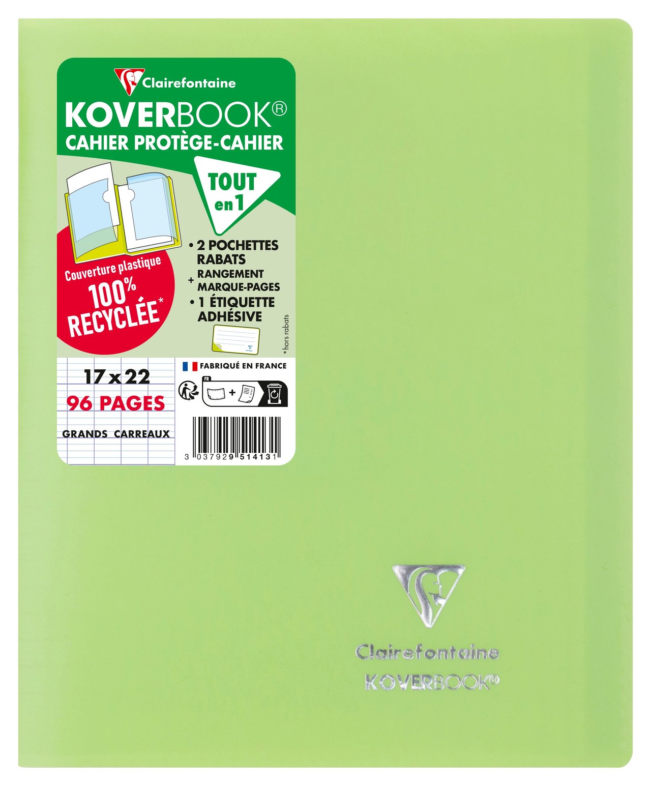 Cahier piqué Clairefontaine - Vert - 17 x 22 cm - Koverbook - 96 pages grands carreaux