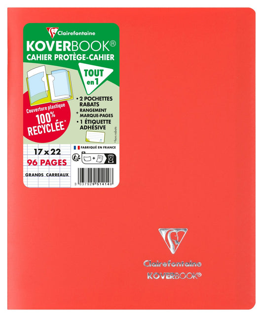 Cahier piqué Clairefontaine - Rouge - 17 x 22 cm - Koverbook - 96 pages grands carreaux