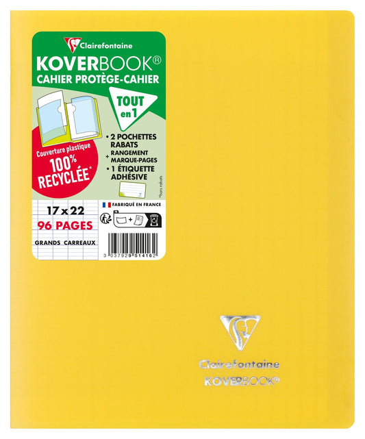 Cahier piqué Clairefontaine - Jaune - 17 x 22 cm - Koverbook - 96 pages grands carreaux
