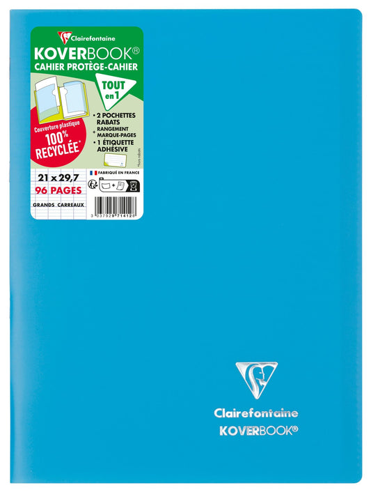 Cahier piqué Clairefontaine - Turquoise - A4 21 x 29,7 cm - Koverbook - 96 pages grands carreaux