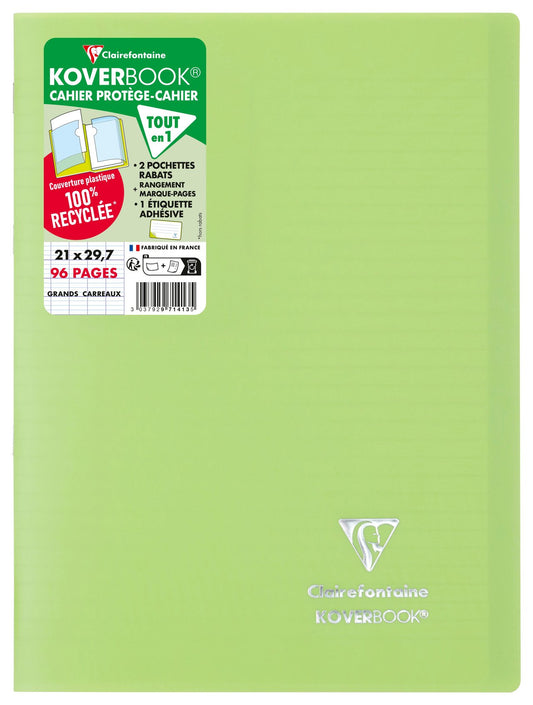 Cahier piqué Clairefontaine - Vert - A4 21 x 29,7 cm - Koverbook - 96 pages grands carreaux