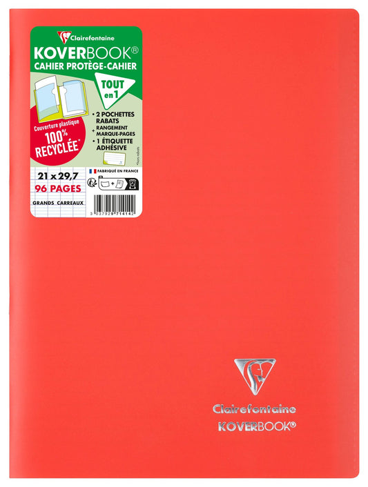 Cahier piqué Clairefontaine - Rouge - A4 21 x 29,7 cm - Koverbook - 96 pages grands carreaux