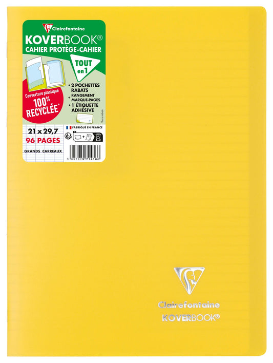 Cahier piqué Clairefontaine - Jaune - A4 21 x 29,7 cm - Koverbook - 96 pages grands carreaux