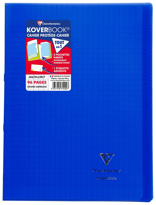 Cahier piqué Clairefontaine - Bleu Marine - A4 21 x 29,7 cm - Koverbook - 96 pages grand carreaux