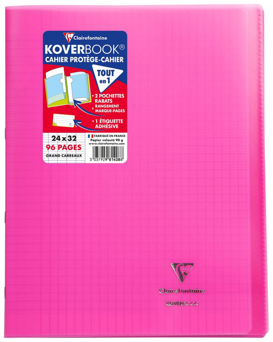Cahier piqué Clairefontaine - Rose - 24 x 32cm - Koverbook - 96 pages grand carreaux