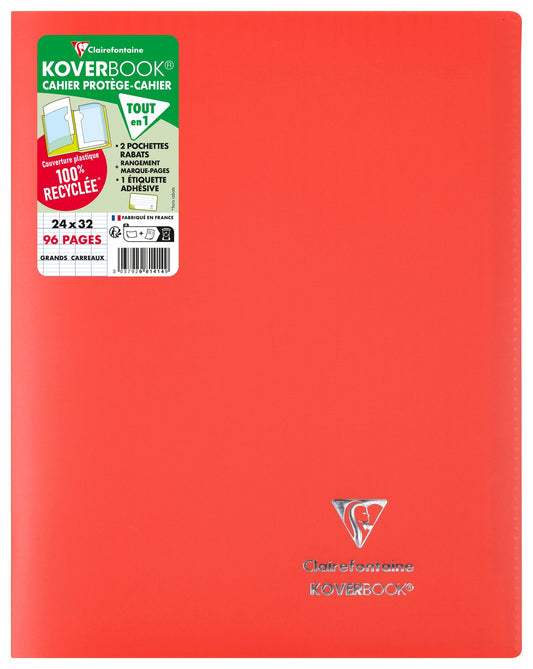 Clairefontaine 981414C Un Cahier Agrafé Koverbook Rouge - 24x32 cm - 96 Pages Grands Carreaux - Papier Blanc 90 g - Couverture Opaque Polypro Recyclé