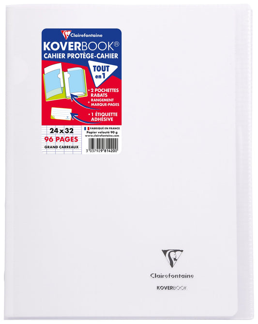 Cahier piqué Clairefontaine - Incolore - 24 x 32 cm - Koverbook - 96 pages grand carreaux