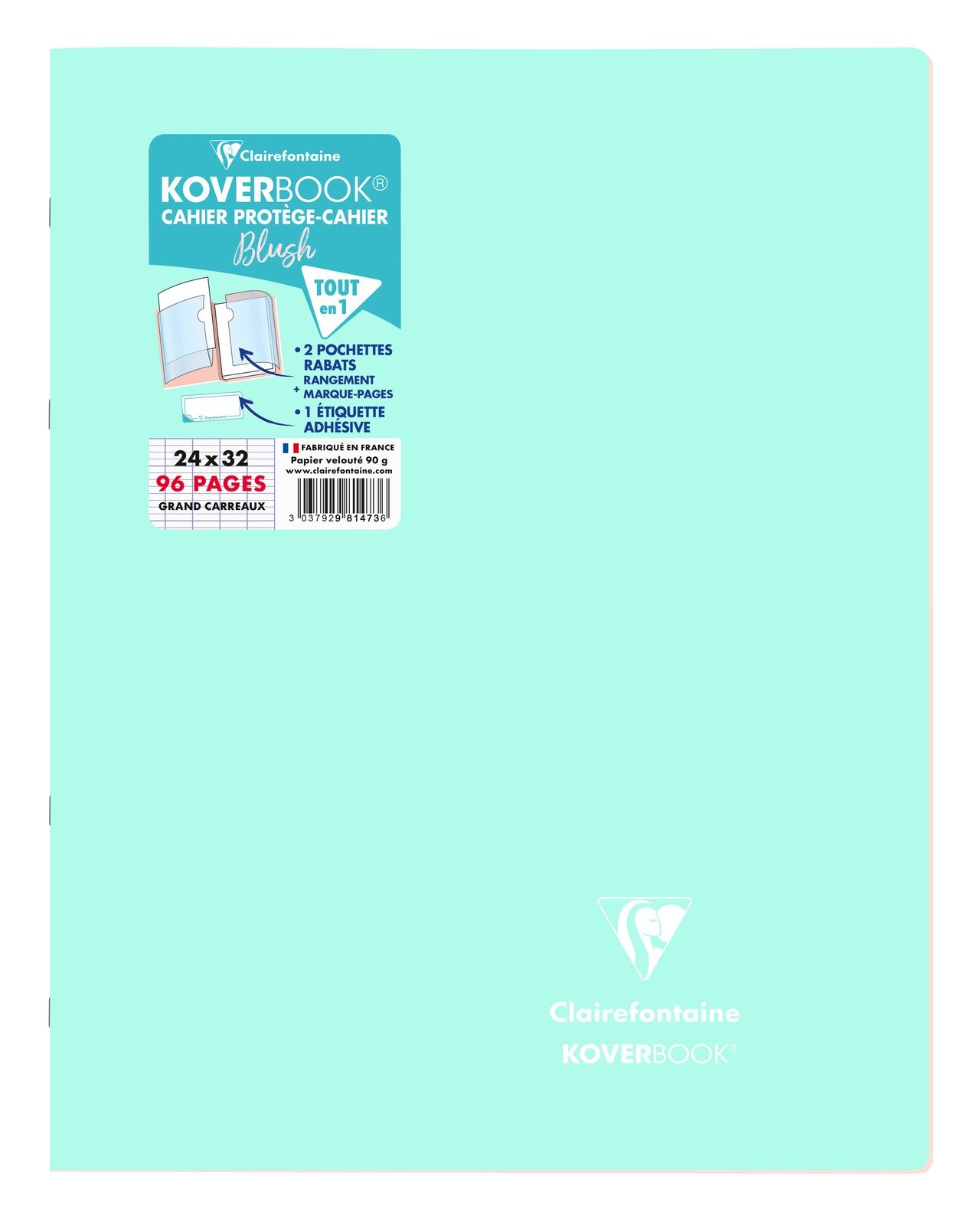 Cahier piqué Clairefontaine - Menthe et rose - 24 x 32 cm - Koverbook Blush - 96 pages grand carreaux