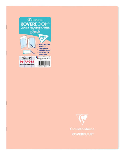 Cahier piqué Clairefontaine - Corail et bleu - 24 x 32 cm - Koverbook Blush - 96 pages grands carreaux