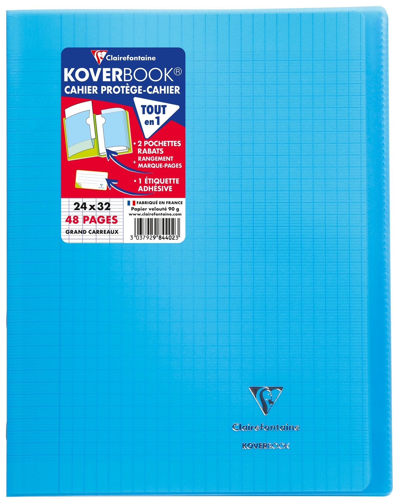 Cahier piqué Clairefontaine - Bleu - 24 x 32 cm - Koverbook - 48 pages grand carreaux