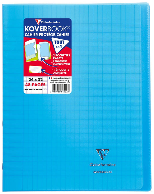 Cahier piqué Clairefontaine - Bleu - 24 x 32 cm - Koverbook - 48 pages grand carreaux