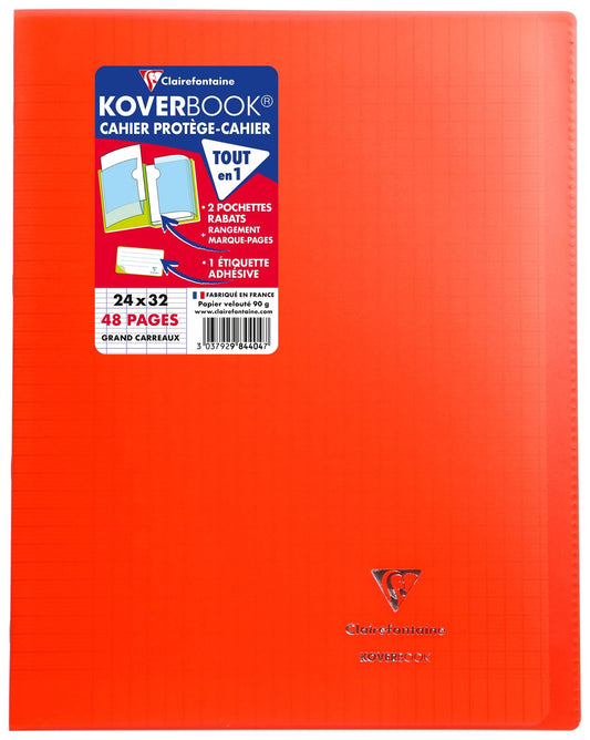 Cahier piqué Clairefontaine - Rouge - 24 x 32 cm - Koverbook - 48 pages grand carreaux