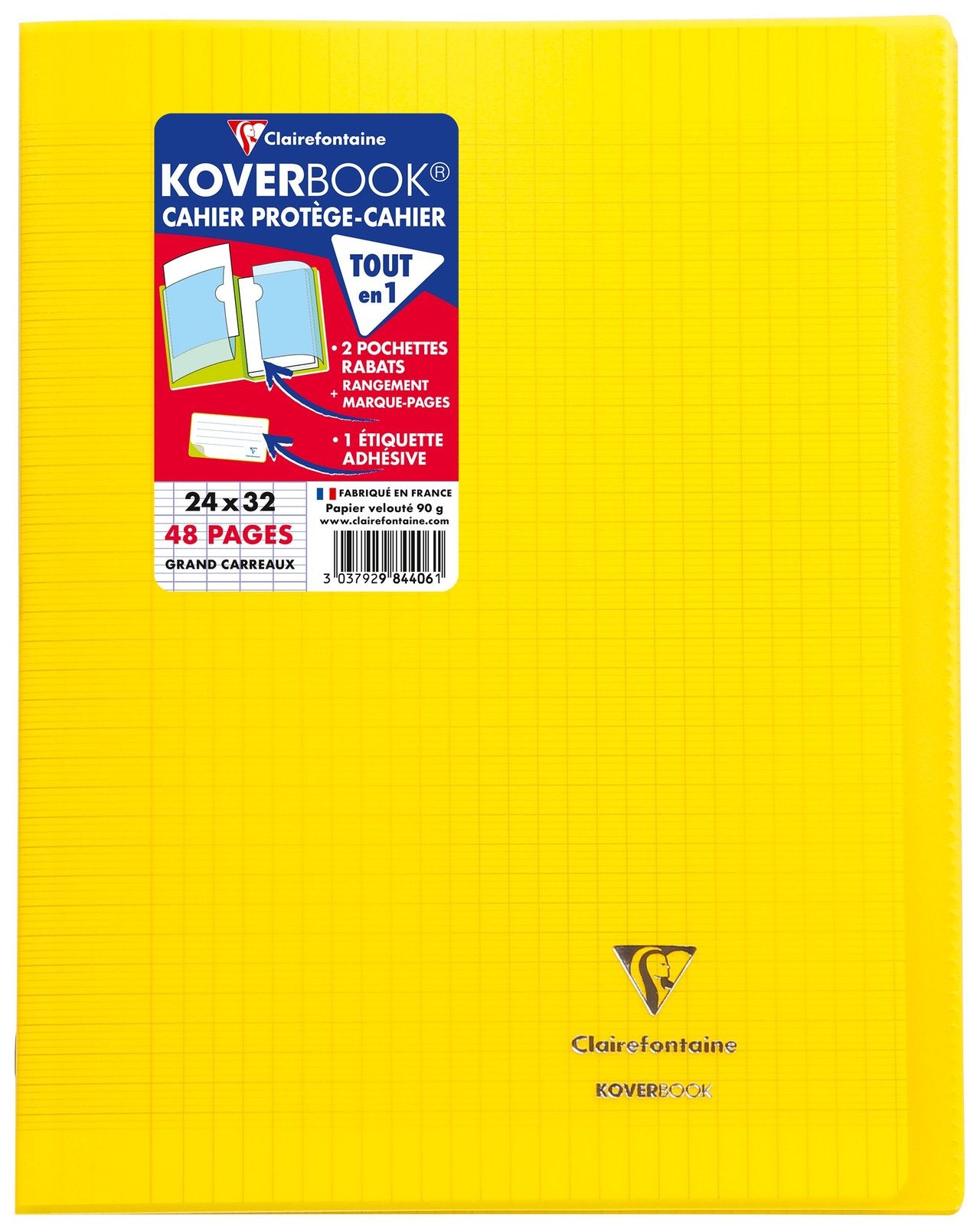 Cahier piqué Clairefontaine - Jaune - 24 x 32 cm - Koverbook - 48 pages grand carreaux