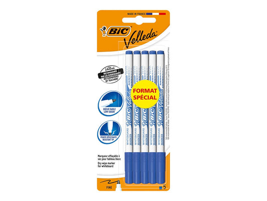 Lot de 5 marqueurs effaçables à sec BIC - Velleda 1721 - Bleu - Pointe en ogive fine