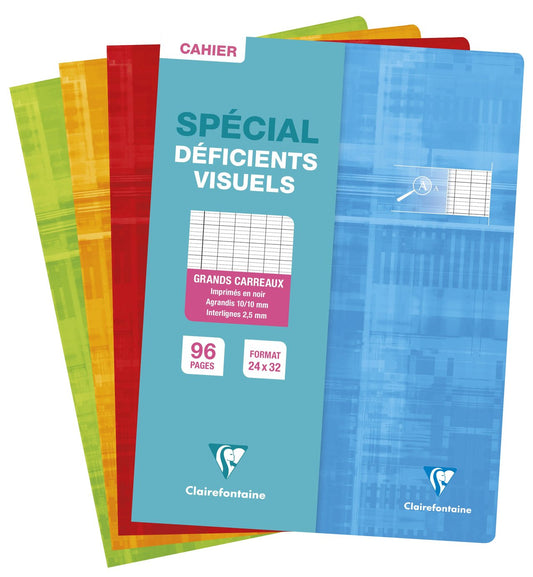 Cahier piqué Clairefontaine - Modèles aléatoires - 24x32 cm -Spécial déficients visuels - 96 pages grands carreaux - Vendu à l'unité