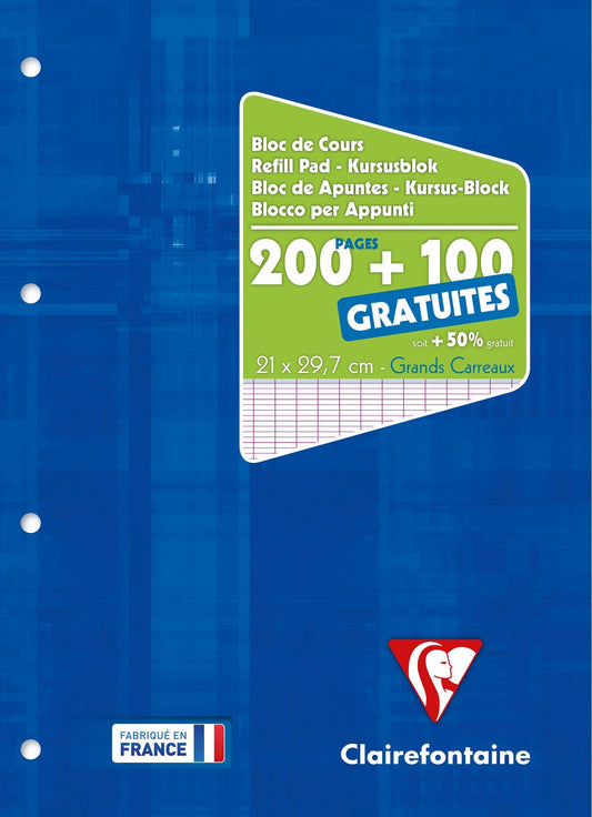 Bloc de cours encollé grand côté Clairefontaine - Bleu Klein -  A4 - 300 pages (200+100 gratuites) grands carreaux