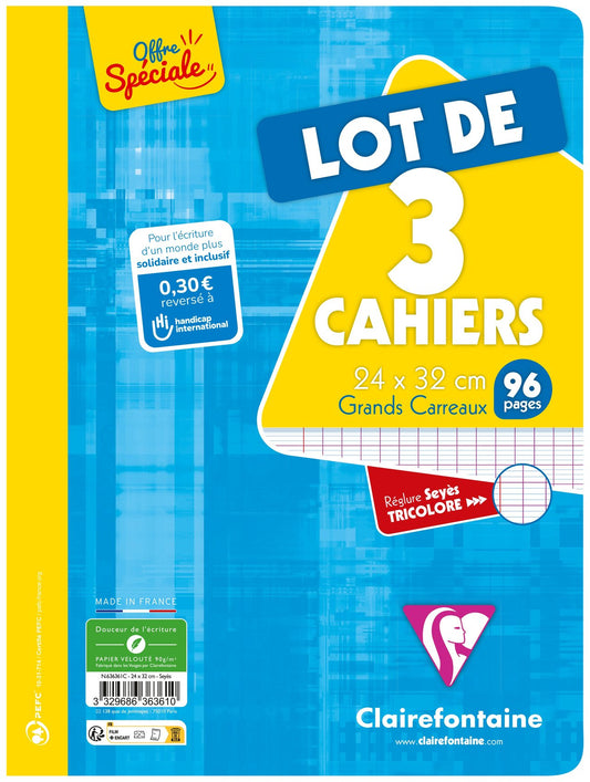 Lot de 3 cahiers piqués Clairefontaine - Modèles aléatoires - 24 x 32 cm - 96 pages grands carreaux