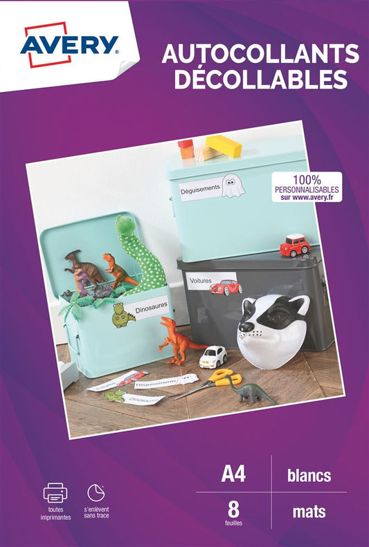 Pack de 8 feuilles autocollantes mates A4 Avery Dennison Blanc pour imprimantes jet d'encre