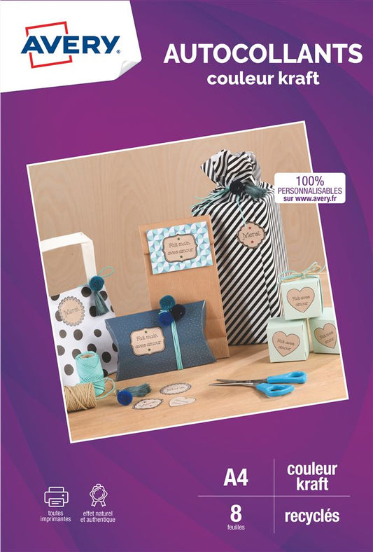 Pack de 8 feuilles autocollantes recyclées A4 Avery Dennison Kraft pour imprimantes jet d'encre ou laser