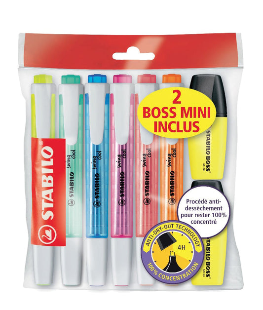 Lot de 8 surligneurs pointe fine - STABILO - Couleurs assorties - Swing cool + BOSS MINI