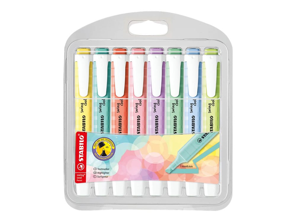 Lot de 8 surligneurs pointe fine - STABILO - Couleurs assorties - Swing cool pastel