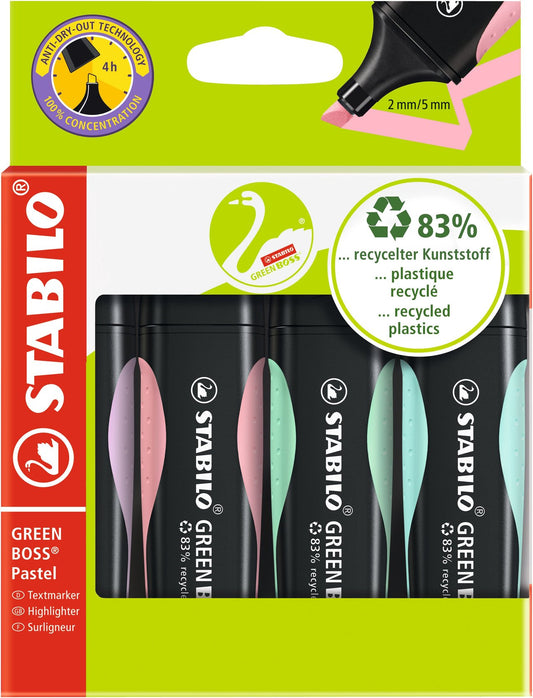Lot de 4 surligneurs pointe large - STABILO - Couleurs assorties - Green Boss pastel