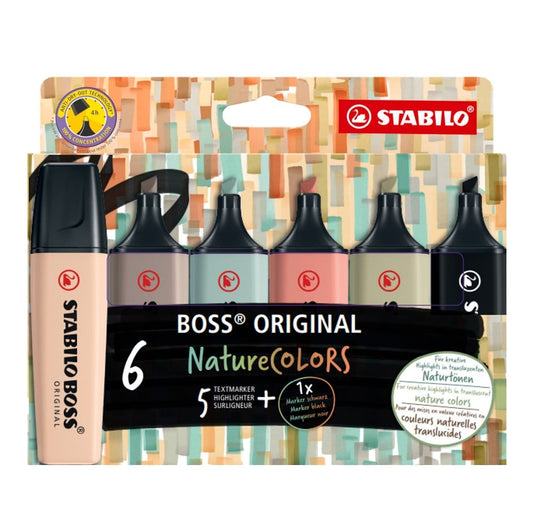 Lot de 6 surligneurs pointe large - Nature - STABILO BOSS ORIGINAL