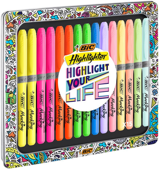 Boîte Cadeau Métal BIC Highlighter Your Life Grip de 15 Surligneurs Couleurs Assorties Intenses et Pastel