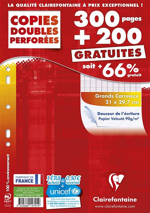 Etui de 500 copies doubles perforées A4 Clairefontaine Grands carreaux