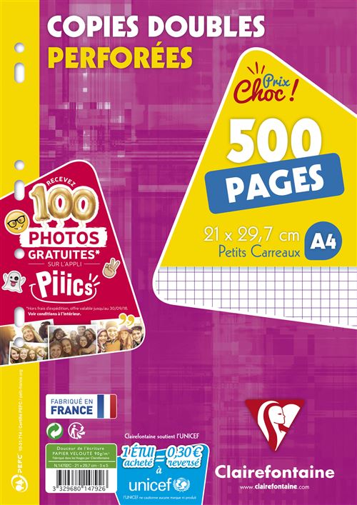 Etui de 500 copies doubles perforées A4 Clairefontaine Petits carreaux