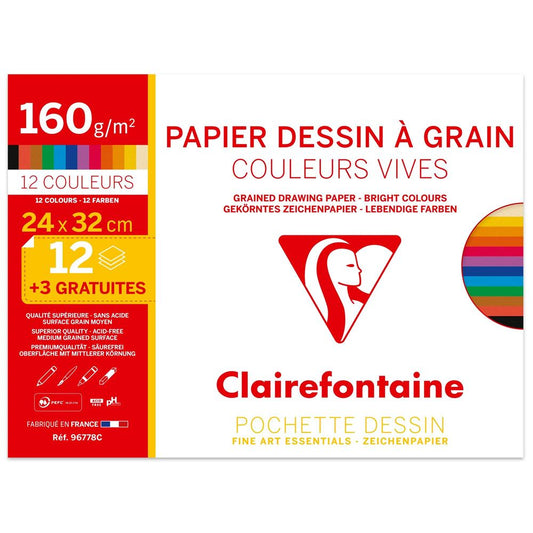 Pochette 12 feuilles de papier dessin Clairefontaine Couleurs vives