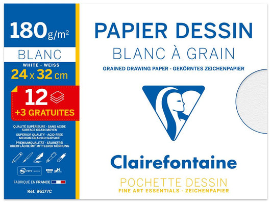 Pochette 15 feuilles de papier dessin Clairefontaine Blanc à grain