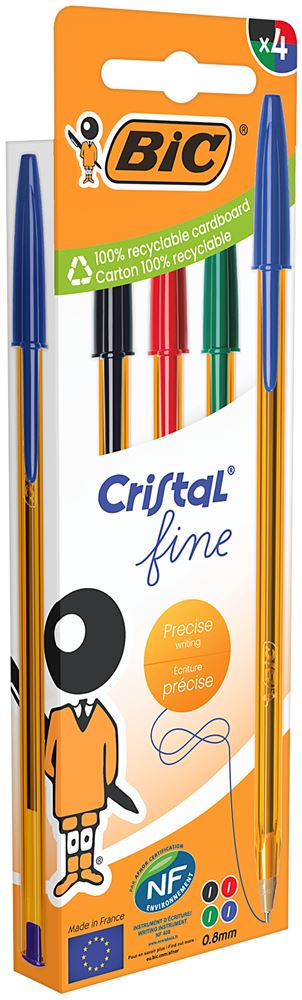 Pochette 4 stylos BIC Cristal Fine Couleurs Assorties