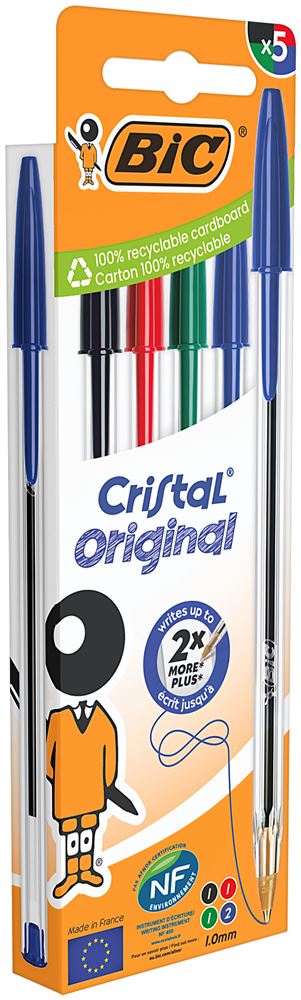 Pochette 5 stylos BIC Cristal Couleurs Assorties
