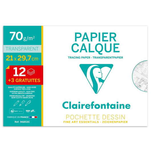 Pochette de 15 feuilles de papier calque A4 Clairefontaine 21 x 29,7 cm Transparent
