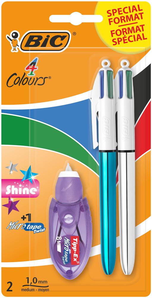Set de 2 stylos à bille Bic 4 Couleurs Shine avec ruban correcteur