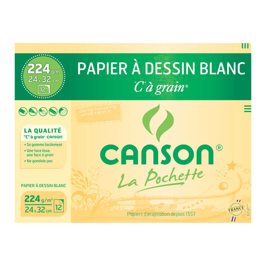 Papier dessin Canson - C à grain - 12 feuilles - Blanc - 24 x 32 cm - 224 g/m²